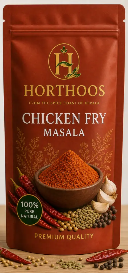 Horthoos Chicken Fry Masala pouch with dried red chillies, fennel and garlic