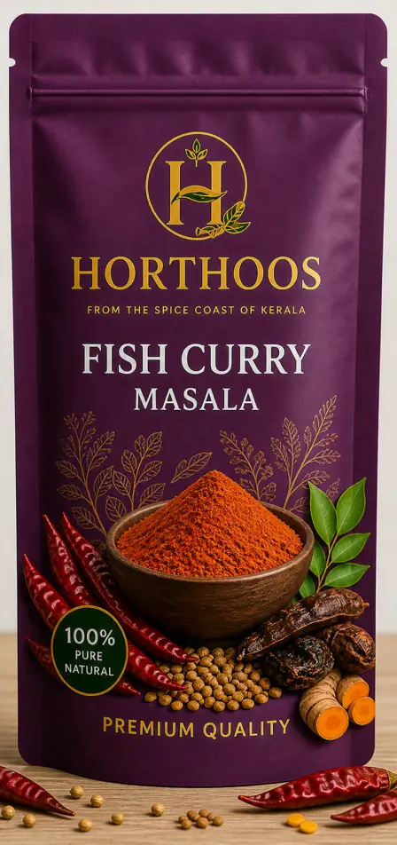 Horthoos Fish Curry Masala pouch with dried red chillies, tamarind and curry leaves