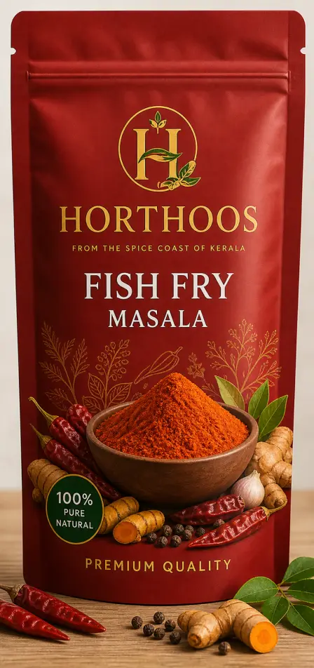 Horthoos Fish Fry Masala pouch with dried red chillies, turmeric root and curry leaves