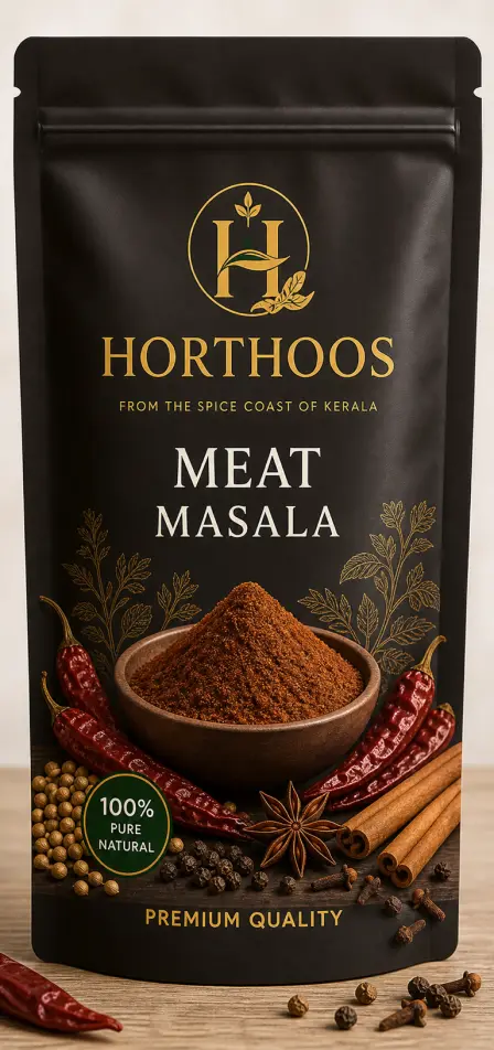 Horthoos Meat Masala pouch with dried red chillies, cinnamon, cloves and star anise