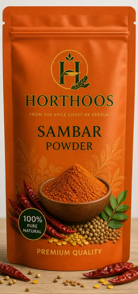Horthoos Sambar Powder pouch with dried red chillies, coriander seeds and curry leaves