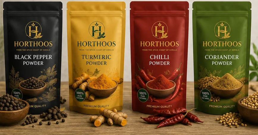 The four Horthoos retail pouches (black pepper, turmeric, chilli and coriander powder) displayed together